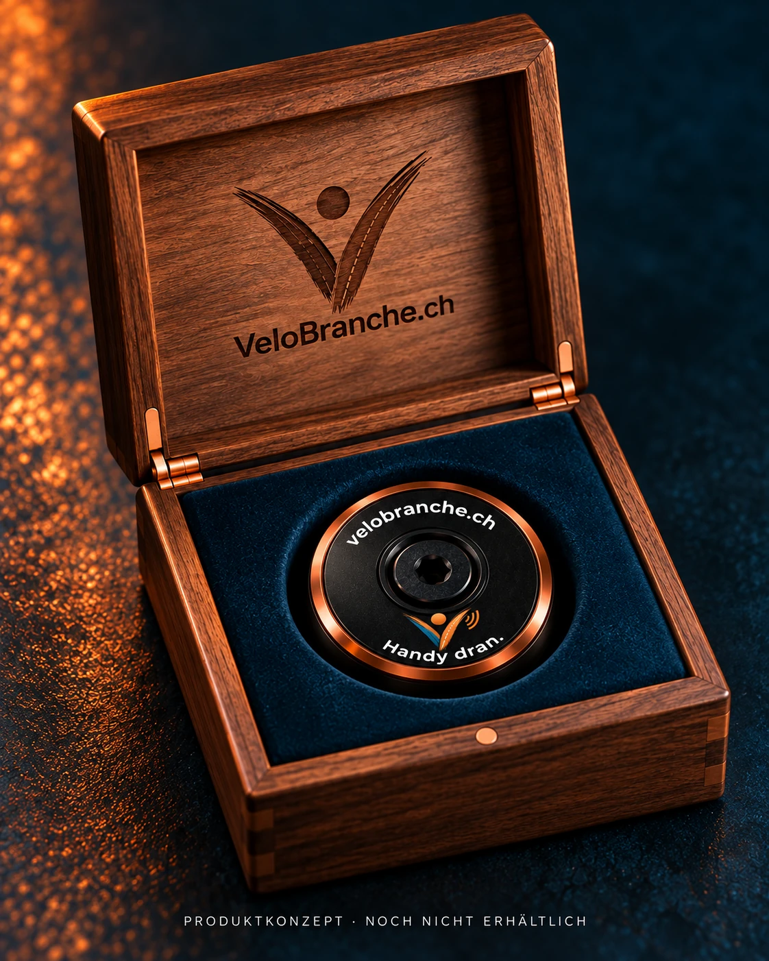 KI-generierte Konzeptdarstellung des VeloBranche DOT in einer dunklen Holzbox